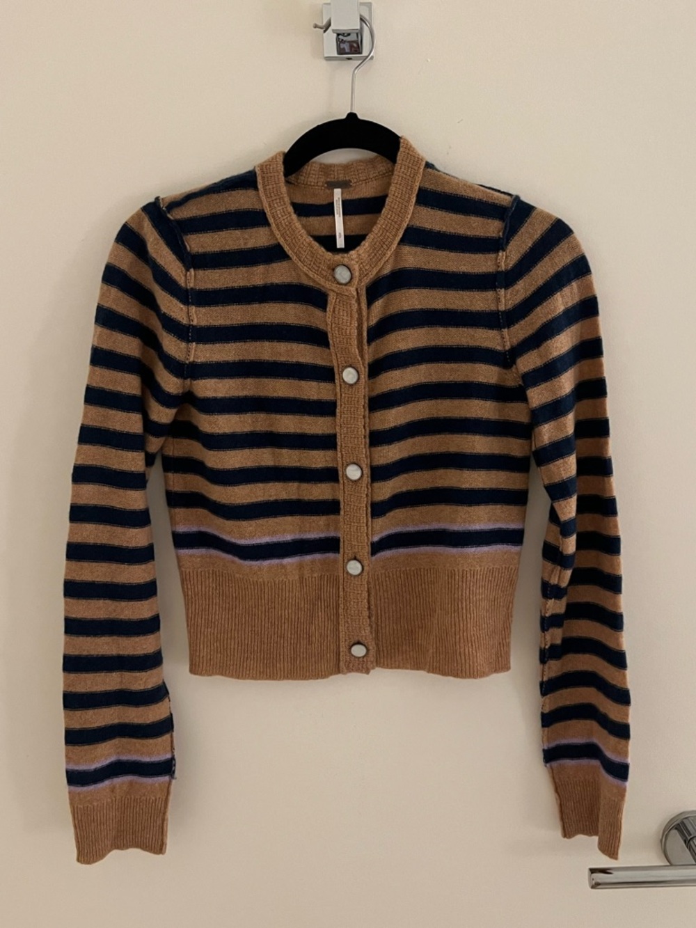 Free People Sailor Cashmere Striped Navy Blue and Tan Cardigan Sweater [Size S] - Picture 3 of 6